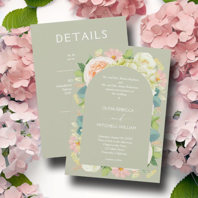 Chic Florals Wedding All in One Sage Green Einladung (Von Creator hochgeladen)