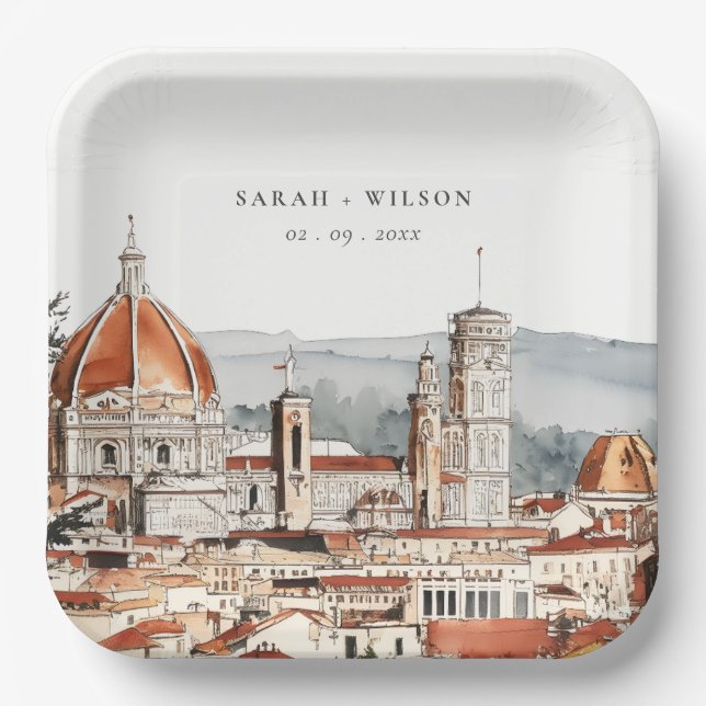 Chic Florence Cathedral Italien Wasserfarbenhochze Pappteller (Vorderseite)