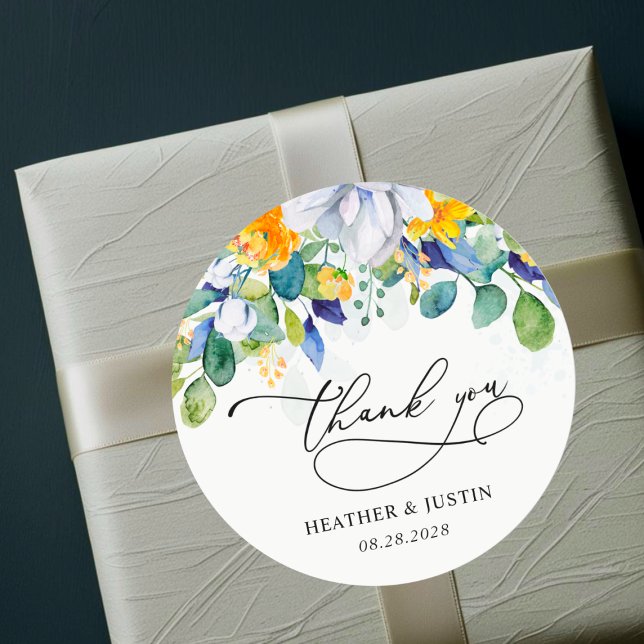 Chic florgelb blauen Hochzeitsmonogramm danke Runder Aufkleber (Von Creator hochgeladen)