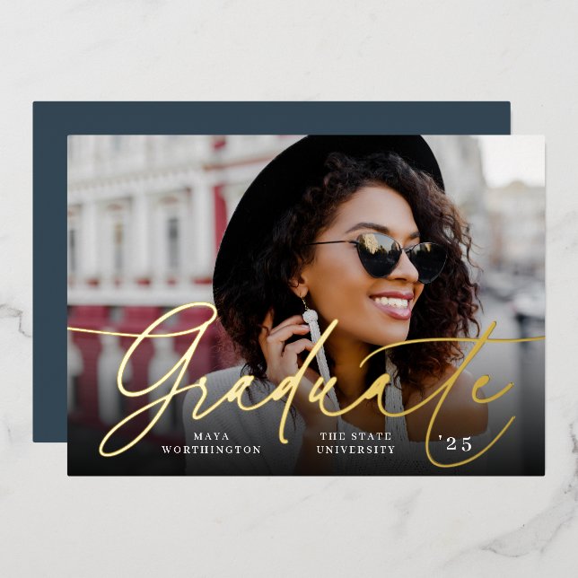 Chic Foil Script | Ankündigung von Foto Abschluss (Vorderseite/Rückseite)