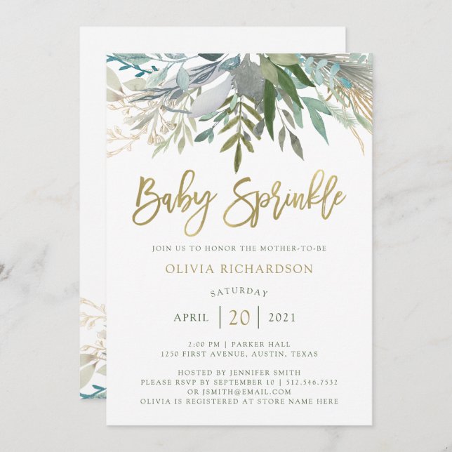 Chic Foliage| Baby Sprinkle mit Imitat Gold Script Einladung (Vorne/Hinten)