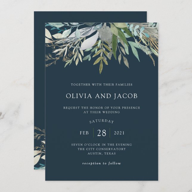 Chic Foliage | Dark Blue Wedding Einladung (Vorne/Hinten)