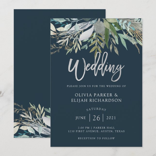 Chic Foliage | Dark Blue Wedding Einladung (Vorne/Hinten)