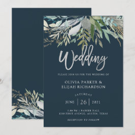 Chic Foliage | Dark Blue Wedding Einladung