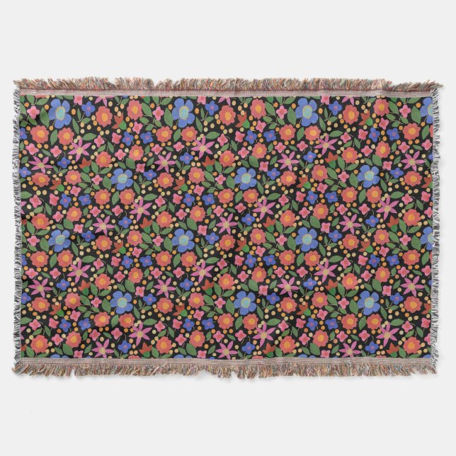 Chic Folk Art Floral on Black Throw Blanket Decke (Vorderseite)