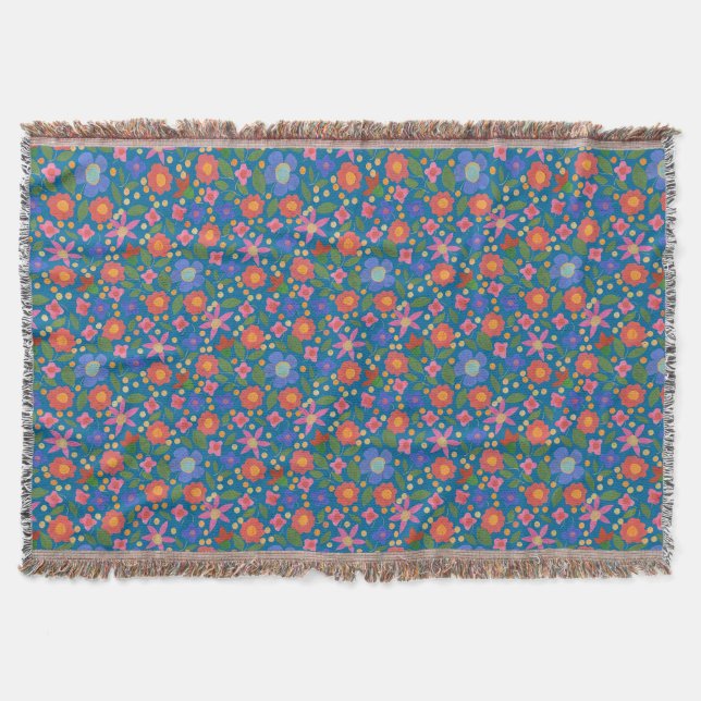 Chic Folk Art Floral on Blue Throw Blanket Decke (Vorderseite)