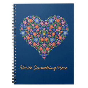 Chic Folk Art Style Floral Heart on Blue Notebook Notizblock
