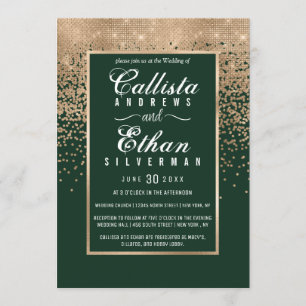 Chic Forest Green Gold Glitzer Confetti Wedding Einladung