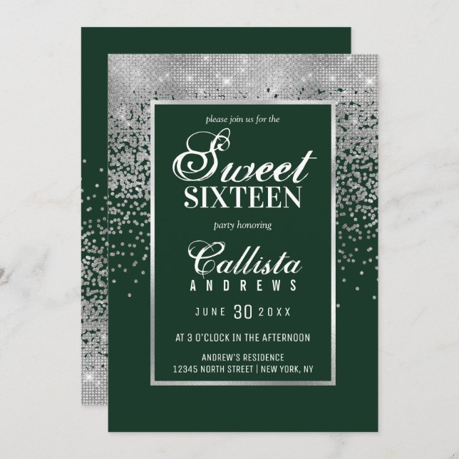 Chic Forest Green Silver Glitzer Confetti Sweet 16 Einladung (Vorne/Hinten)