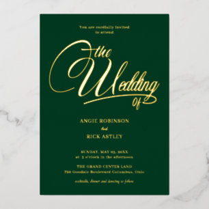 Chic Forest Green und Gold Calligraphed Wedding Folieneinladung