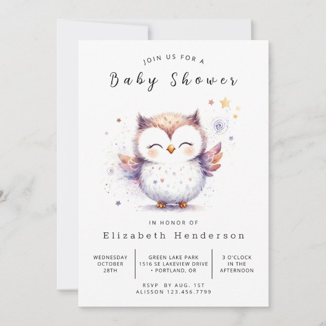 Chic Forest Owl Babydusche Einladung (Vorderseite)