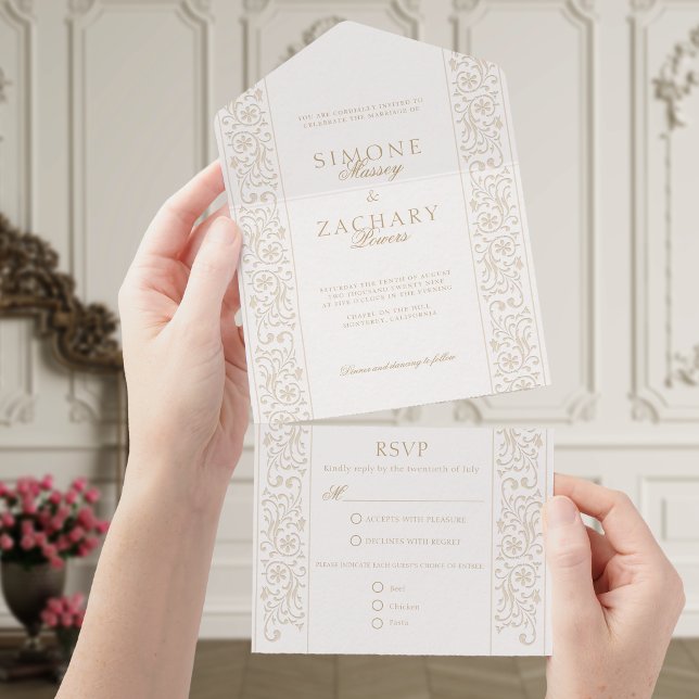 Chic Formal Ecru Scrollwork Border Wedding All In One Einladung (Von Creator hochgeladen)