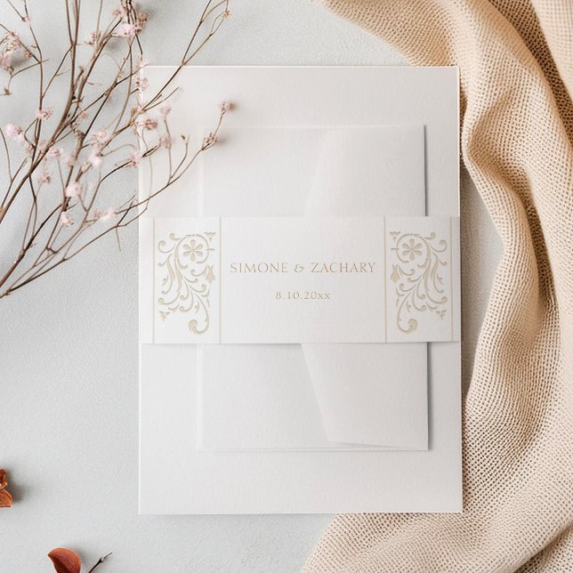 Chic Formal Ecru Scrollwork Border Wedding Einladungsbanderole (Von Creator hochgeladen)