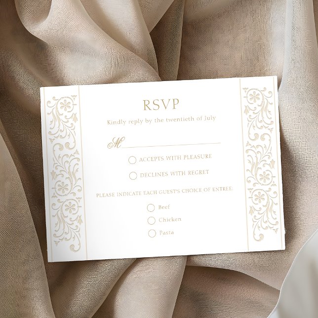 Chic Formal Ecru Scrollwork Border Wedding RSVP Karte (Von Creator hochgeladen)