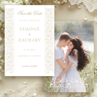 Chic Formal Ecru Scrollwork Border Wedding Save The Date