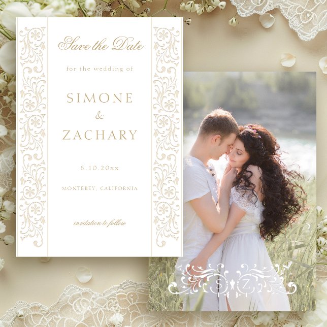 Chic Formal Ecru Scrollwork Border Wedding Save The Date (Von Creator hochgeladen)