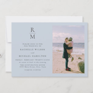 Chic Foto Blau Weiße Monogramm Hochzeit Einladung