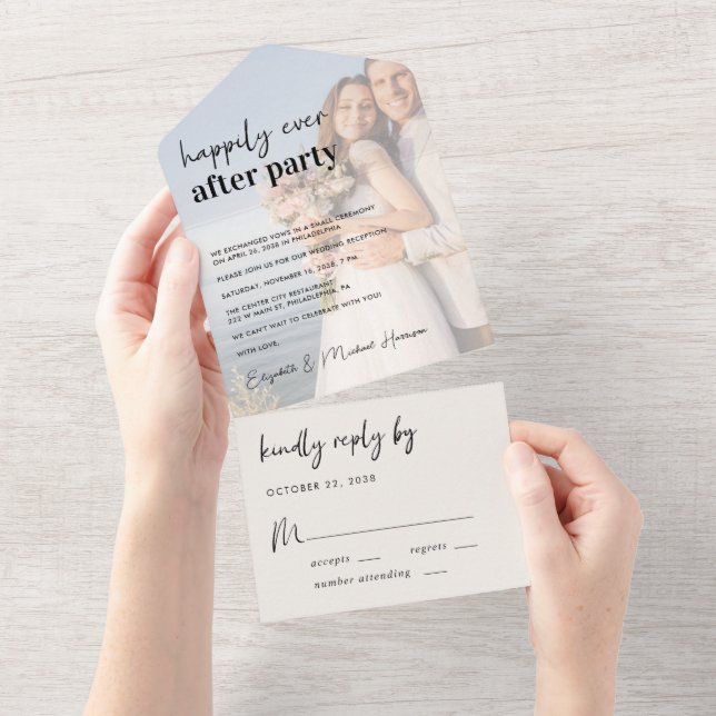 Chic Foto Cream Wedding Empfang All In One Einladung (Abreißen)