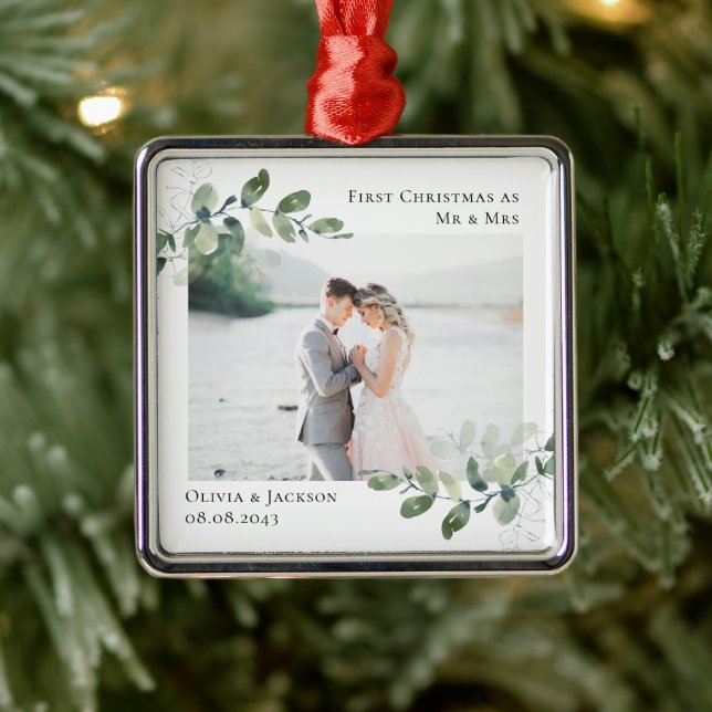 Chic Foto Eucalyptus Wedding Ornament Aus Metall (Baum)