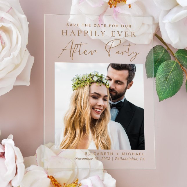 Chic Foto Gold Hochzeitsempfang Save the Date Acryleinladungen (Celebrate your Happily Ever After in style with our elegant acrylic wedding reception save the date)