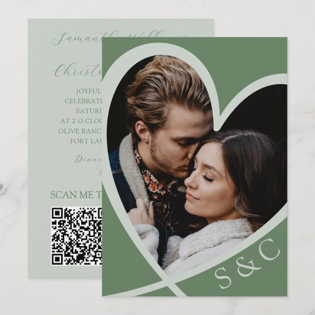 Chic Foto Heart Sage Green Wedding Einladung (Vorne/Hinten)