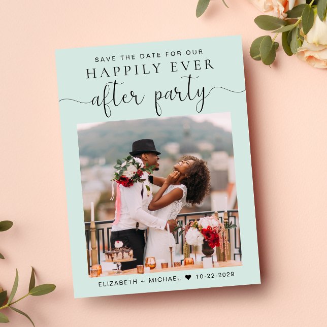Chic Foto Mint Wedding Empfang Save the Date Ankündigungspostkarte (A stylish save the date announcement for a reception to celebrate your elopement or private wedding)