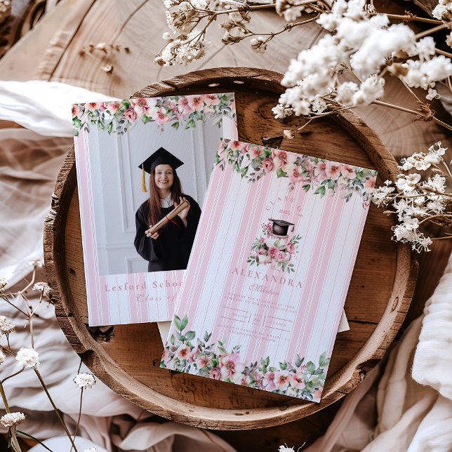 Chic Foto Pink Floral Graduation Party Einladung (Von Creator hochgeladen)