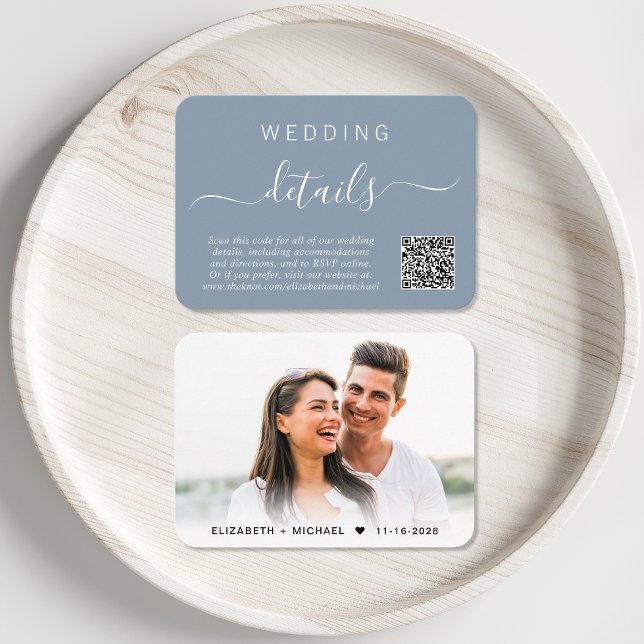Chic Foto QR Code Dusty Blue Wedding Details Begleitkarte (Von Creator hochgeladen)