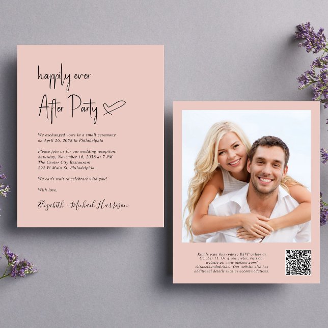 Chic Foto QR Code Hochzeitsempfang Einladung (An chic Happily Ever After Party all-in-one invitation for your wedding celebration)