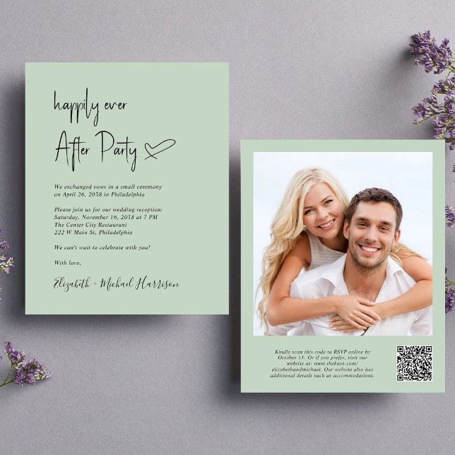 Chic Foto QR Code Hochzeitsempfang Einladung (An chic Happily Ever After Party all-in-one invitation for your wedding celebration)