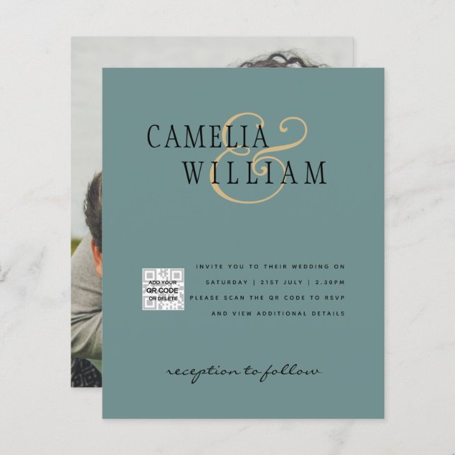 Chic Foto Wedding Invite QR Code Gerettet Datum Gr (Vorne/Hinten)