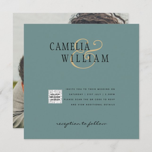 Chic Foto Wedding Invite QR Code Gerettet Datum Gr (Vorne/Hinten)