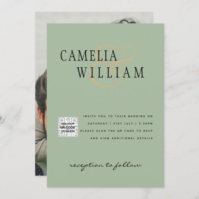Chic Foto Wedding Invite QR Code Gerettet Datum Gr Einladung (Vorne/Hinten)