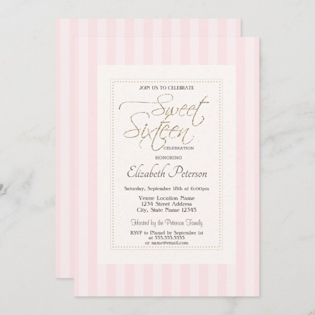 Chic Frame Pink Striped Sweet 16 Einladung (Vorne/Hinten)