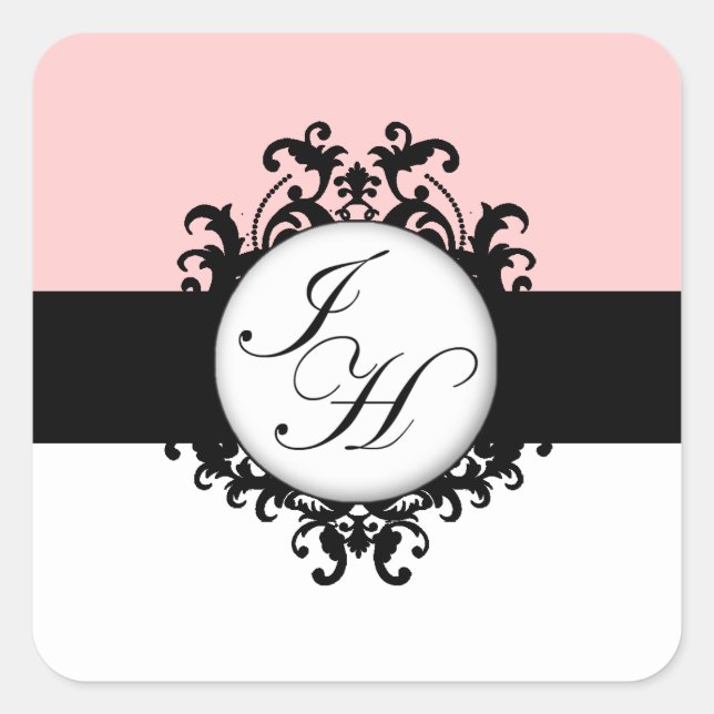 Chic French Black Monogram Damask Labels Quadratischer Aufkleber (Vorderseite)