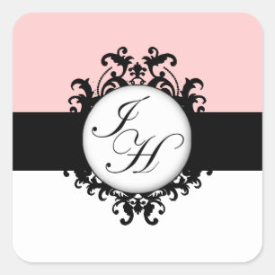 Chic French Black Monogram Damask Labels Quadratischer Aufkleber