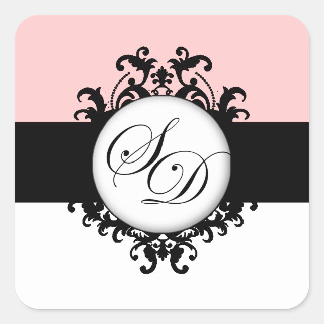 Chic French Black Monogram Damask Wedels Labels Quadratischer Aufkleber (Vorderseite)