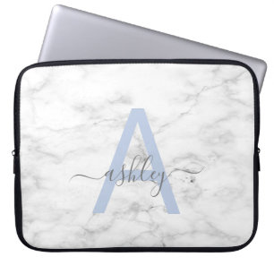 Chic French Blue White Marble Script Name Monogram Laptopschutzhülle