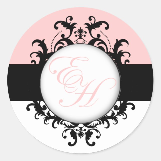 Chic French Monogram Damask Pink Labels Runder Aufkleber (Vorderseite)