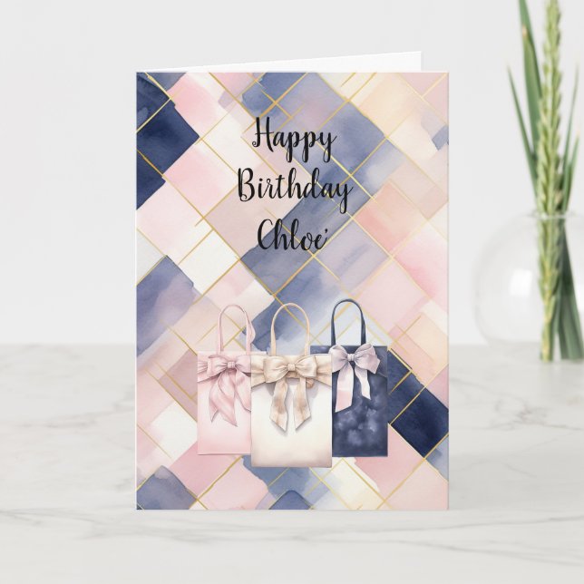 Chic French Pink Blue Gift Bags Bow Birthday Karte (Vorderseite)