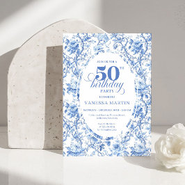 Chic French Toile de Jouy Blue Roses 50th Birthday Einladung