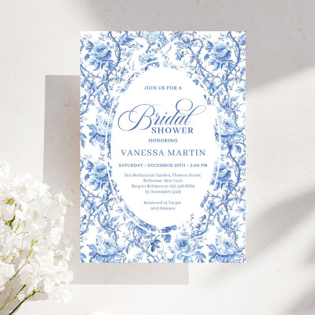 Chic French Toile de Jouy Blue Roses Bridal Shower Einladung (French Toile de Jouy Blue Roses Bridal Shower Invitation)