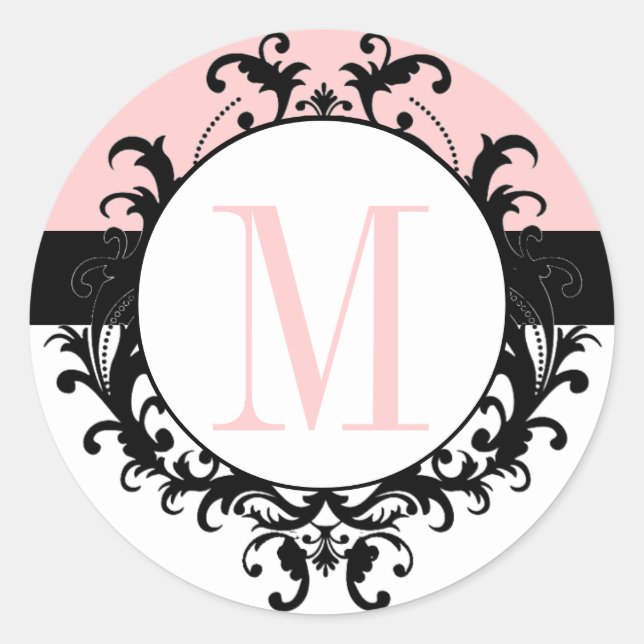 chic French Wedding Monogram M Damask Pink Label Runder Aufkleber (Vorderseite)
