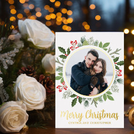 Chic Frohe Weihnachts-Wreath-Foto Gold Folien Feiertagskarte
