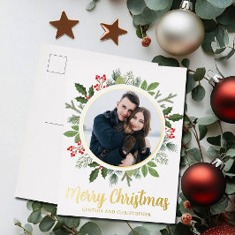 Chic Frohe Weihnachts-Wreath-Foto Gold Folien Feiertagspostkarte
