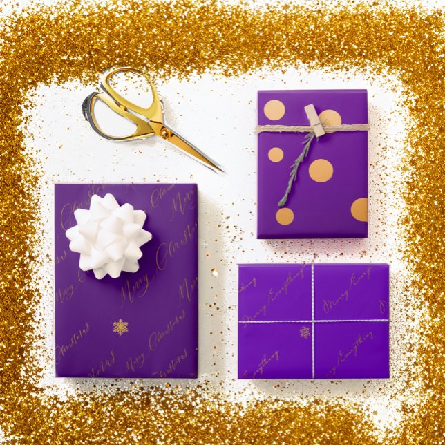 Chic Frohe Weihnachtsschrift Lila und Gold Geschenkpapier Set (Elegant Purple and Gold Wrapping Paper set)