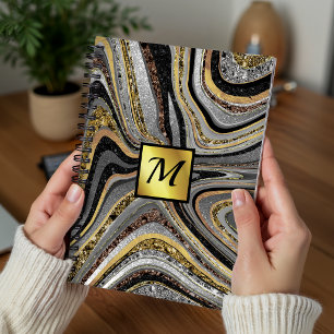 Chic Funkeln Glitzer Marmor Kunst grau gold Monogr Notizblock