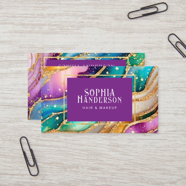Chic Funkelnd Glitzer Golden Rainbow Agate Glamour Visitenkarte (Vorderseite/Rückseite Beispiel)