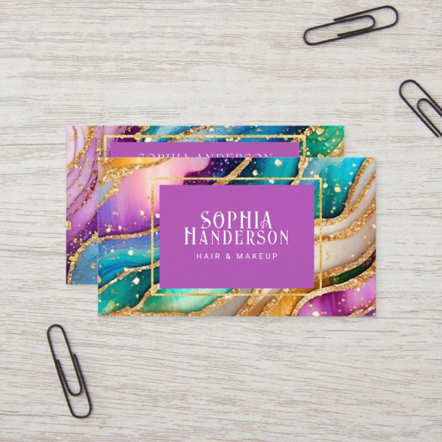 Chic Funkelnd Glitzer Golden Rainbow Agate Glamour Visitenkarte (Vorderseite/Rückseite Beispiel)