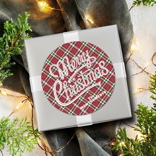 Chic funkelnde karierte Weihnachten  Runder Aufkleber (Chic faux sparkly plaid Christmas round stickers - 3" shown or 1-1/2")